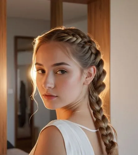 A conceptual art portrait of a beautiful caucasian young woman with long brown hair and a braid, 21 years old, dressed in a white minidress with neckline, standing on her back with her head tilted bac