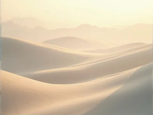 Soft pastel hues, calming atmosphere, serene landscape, gentle rolling hills, misty morning fog, warm sunlight filtering, natural earth tones, beige sandy dunes, soft peach accents, muted sage greens,