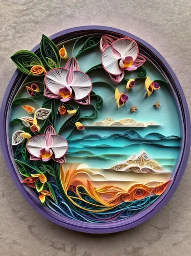 Depict the serene and peaceful vibes of Orquideorama during a sunset.,water lily plate,decorative plate,salad plate,glass painting,wooden plate,vintage dishes,plate full of sand,wall plate,vintage chi