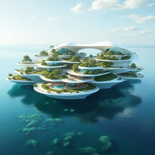 Design a futuristic floating architecture concept that harmonizes seamlessly with aquatic environments. The structure should integrate sustainable solutions for rising sea levels and water scarcity, u