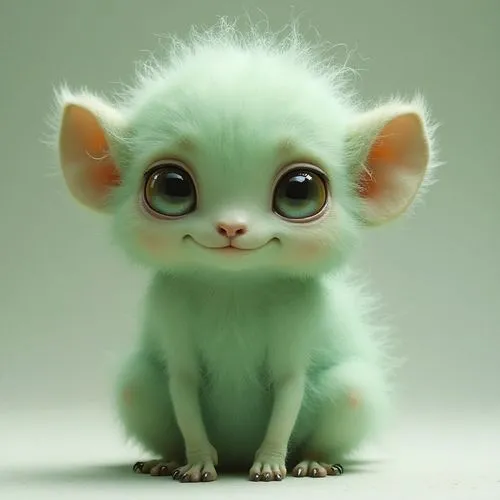 Goulumgouloum: ein Spiralwesen mit großen Augen. Sie ist pastellgrün, haarig mit völlig haarfreien Ohren. Sie hat dünne Beine mit haarigen Zehen und coolem Baba-Aussehen.,a green creature with big eye