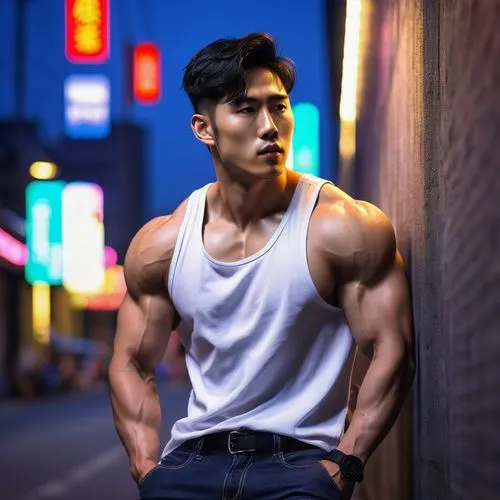 Korean hunk, muscular man, 25yo, short black hair, strong facial features, sharp jawline, athletic build, white sleeveless shirt, dark blue jeans, sneakers, leaning against wall, city street, Seoul, n