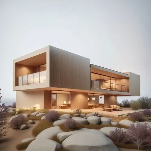 an image of the outside of a house at dusk,dunes house,modern house,3d rendering,prefab,vivienda,smart home