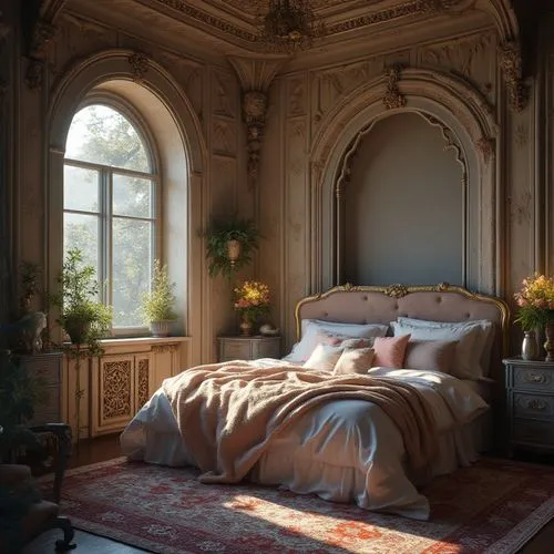 hyperrealisticprincess bedroom, atmospheric photos, exotic,  8k, Hyper detailed
,a beautiful room is decorated with old fashion furnishings and large windows,ornate room,bedchamber,chambre,bedroom,day