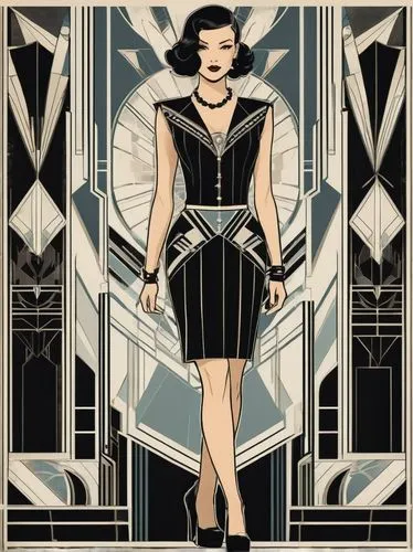 Cute punkergirl skirt Long legged big chest full body ，by Cliff Chiang,art deco woman,art deco background,art deco,art deco frame,fashion vector,art deco ornament,art deco border,dita,fashion illustra