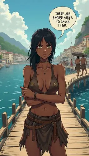 Draw in anime style: a long curved wooden dock that curves into the distance with a byzantine city in the background. the people in the background are wearing Byzantine clothing. A barefoot, mean-look