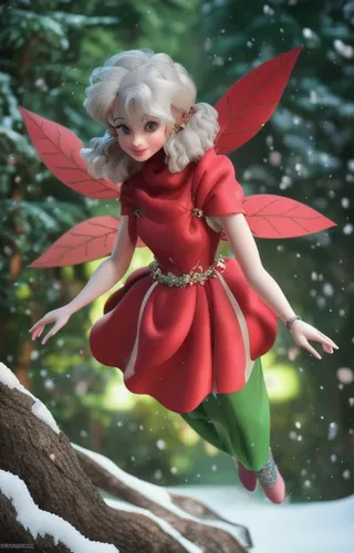 a snowy night, gray hair, sandal skin, green red combination color dress, light green feature, baby pink shoes,
Add some trees and waterfall on background,elves flight,christmas angel,child fairy,elf,