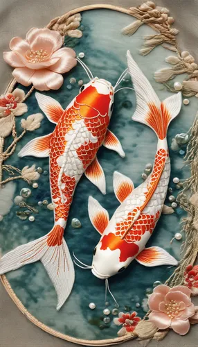 two (embroidery texture koi fish made by threads:1.3) swimming in a pond of water, Chinese embroidery, (Su embroidery art: 1.2), mother of pearl, beads, gold thread, small pearl string embellishment, 