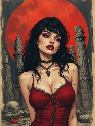 (((COMIC ART)| VECTOR ART),
half figure, (Rough color(( pencil sketch on (old cracked photopaper))), beautiful goth female 

Kristina Wayborn

as

VAMPIRELLA

 in corsette, cruel seductive smile, dark