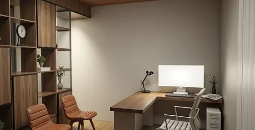 Hyperrealistic office interior scene with a strong emphasis on natural lighting and spatial clarity. The main light source comes from behind the camera, slightly to the right side, entering the space 