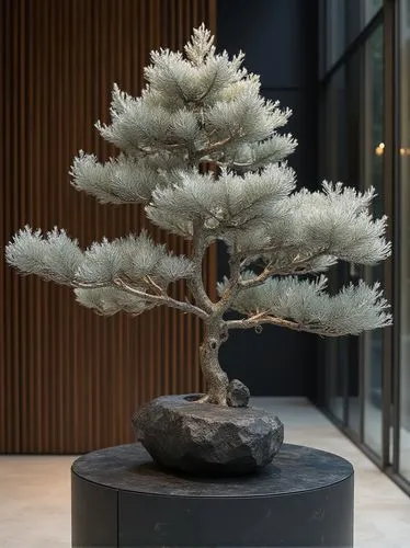 8k, award-winning photography, editorial photography, there is an pine tree is made of silver metal, with long branches and leaves extending to, standing on black matte stone, installation art style, 