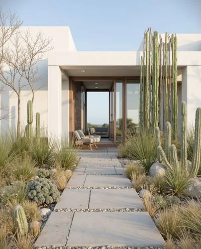 A desert-inspired home with a modern architectural design. A pathway of stepping stones leads through a xeriscaped garden of cacti and succulents to a glass-framed entryway. The house combines concret