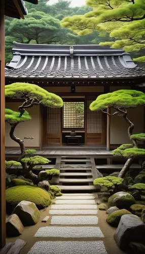Traditional Japanese architecture, ancient temple, serene atmosphere, curved tiled roofs, intricate wooden carvings, sliding doors made of paper, tatami mats, shoji screens, natural materials, Zen-ins