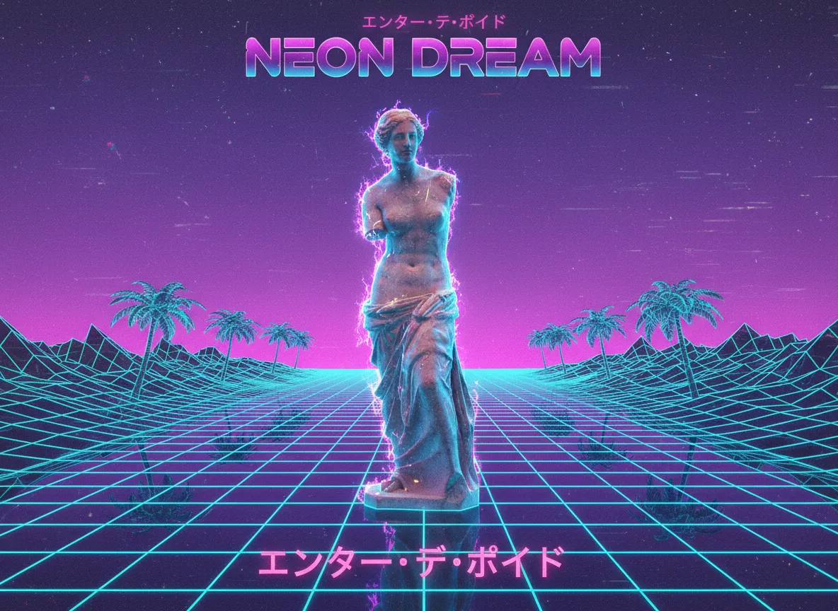A poster with a distinct vaporwave aesthetic, featuring a neon grid landscape, a classical statue, and subtle VHS screen effect.
