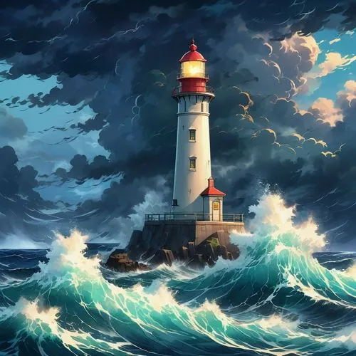 A picturesque 1802 lighthouse, its soft light casting a warm glow on the turbulent ocean waves and brooding sky, creating a serene yet dramatic contrast with the stormy seas and dark clouds in the bac