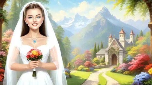 Romantic masterpiece oil painting, 1950's kitsch style, mountain garden monastery, bridal veil, high res, by Thomas Kinkade, by Bob Ross,an image of a wedding couple in front of a painting,betrothal,t