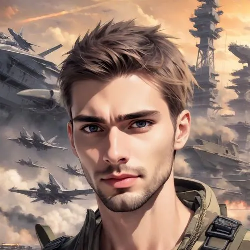 man with jet fighter in background in computer animation,koreshkov,eldershaw,redfield,hasan,kohila,siva