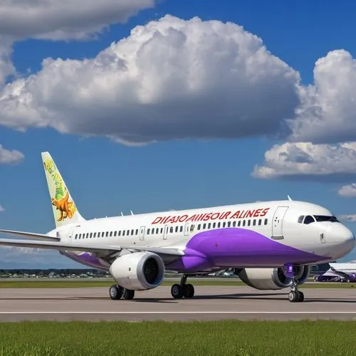 A airplane called dinosaur airlines,an airplane on the runway with the sky in the background,bahamasair,aerocaribbean,volaris,airlanka,boeing 737-800,eurowings,asiana,twinjet,valuair,sunjet,vnexpress,