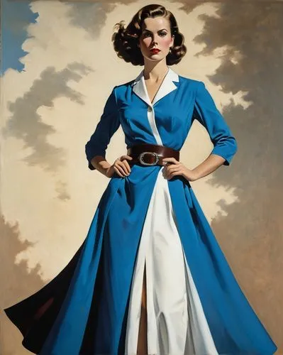 An enigmatic digital illustration: A woman with a vibrant blue dress, adorned in a black belt, and a white collar stands tall. Her gaze, directed sideways, adds mystery; her brown hair adds a splash o