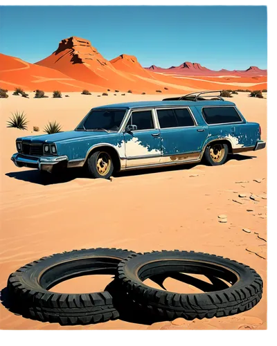 Desert landscape, sandy dunes, endless horizon, clear blue sky, sunny weather, cactus plants, rocky formations, abandoned old car, worn-out tires, retro-style luggage, vintage camera, warm lighting, h