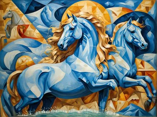 polygonal constructive painting in the style of ancient icons, painting style from Deineka, Saryan, Petrov-Vodkin, "bathing a blue horse", based on a painting by Petrov-Vodkin, on top of a large blue 