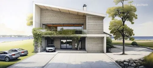 a car in front of a house with trees and grass,perennials,prenuptial,prefab,smart house,domicile,perennials-sun flower
