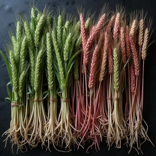 An overhead view of the tops of green, pink, and red wheat stems that are in a wet, dark surface. The stems of the wheat roots have been twisted all throughout its surface, as well as all around the s