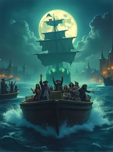 an epic illustration of the Pirates of the Caribbean attraction, in the foreground a boat with amused and frightened tourists, splashes of water, on the sides pirates brandishing a saber and a musket.