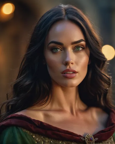 Make a beautiful female with a black long hair and green eyes, make her dressing a medieval dress and a cloak, make her look like Megan Fox,fantasy portrait,fantasy woman,celtic queen,world digital pa
