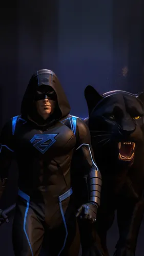 a hooded hero walking forward accompanied by a large black panther behind him,the black panther is next to the black cat,wolverines,predators,bloodhounds,furies,black bears,ice bears,batterers,panther