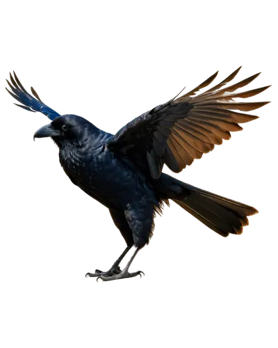 Free crow, black feathers, wings spread wide, strong legs, sharp talons, intelligent eyes, subtle facial expression, solo, morning sunlight, soft focus, shallow depth of field, cinematic composition, 