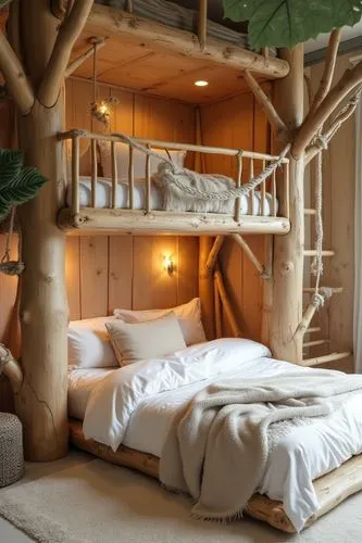 Whimsical children's bedroom with a nature-inspired theme, featuring wooden bunk beds styled like a treehouse. Ropes, hammocks, and natural wooden elements create a playful adventure vibe. Soft beddin