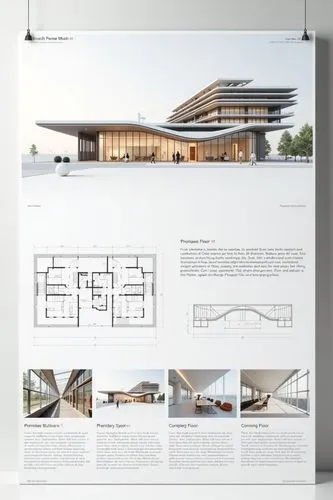 A professional architectural presentation board with a Pure background and a clean, minimalist design layout. The board includes:

Top Section: On the top left, a photorealistic render of a contempora