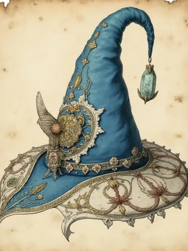 illustrated medieval recipe of a cleric hat, made with occult ingredients and spiritual crystal, on parchment with scratches, intricate details, muted colors, high resolution, blue and white hat, the 