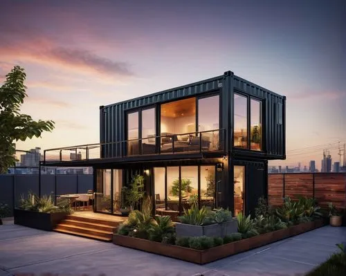 Modern container house, futuristic architecture, industrial design, steel frame, glass walls, wooden accents, rooftop garden, urban setting, cityscape background, evening atmosphere, warm ambient ligh