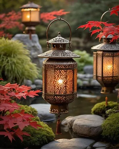 Traditional Japanese-style lanterns, delicate filigree metal frames, soft warm white light, intricate cut-out designs, dainty tassels, gentle swaying in the breeze, serene garden setting, lush greener