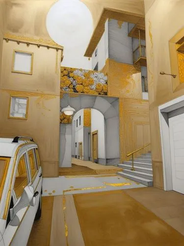a drawing of an alley, with a van and car,gold wall,first person,gold paint stroke,fragmented,demolition map,portal