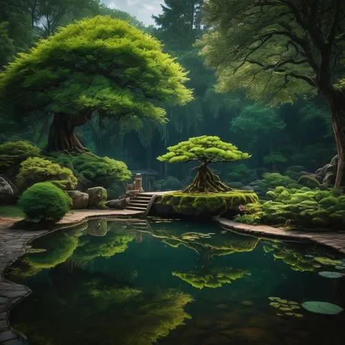 a sall pond in the middle of the woods. there is a bonsai tree beside the pond,a pond with trees and water surrounding it,japanese garden,japan garden,japanese zen garden,the japanese tree,japanese ga