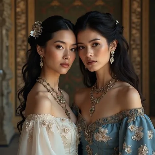 Two elegant women pose closely together in a richly decorated interior. The woman on the left has black, wavy hair adorned with a delicate headpiece, wearing a white gown embellished with intricate fl