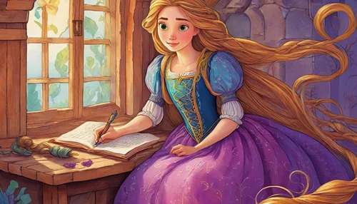 Write a thrilling adventure where Rapunzel uses her hair to save the kingdom from an evil sorcerer.,rapunzel,cinderella,princess anna,fairy tale character,tangled,merida,fairytale characters,fairy tal