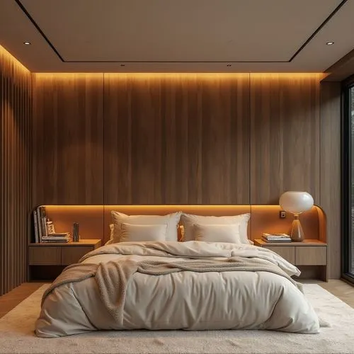 A modern bedroom with warm wood accents, featuring a horizontal fireplace integrated into the wooden wall, a soft beige bed with plush pillows, soft carpet flooring, recessed ceiling lighting, cozy an