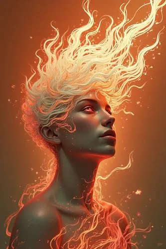 a woman's head with a glowing, flowing hair,fiery,burning hair,flame spirit,fire siren,flame of fire,fire dancer,ignited,fireheart,fire and water,daenerys,afire,aflame,fire artist,melisandre,fire ange