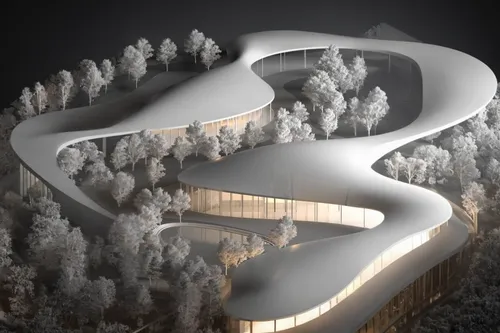 architectural model, waving shapes,ski facility,olympia ski stadium,ski resort,ski jump,nürburgring,ski jumping,snow slope,futuristic art museum,winding staircase,archidaily,helix,3d rendering,ski sta