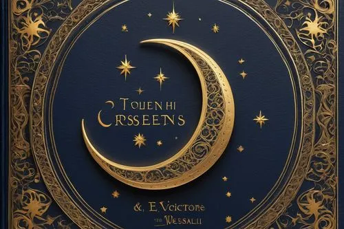 Hardcover, leather-bound, golden font, classic, ornate details, Victorian-style, mysterious, dark blue background, subtle texture, embossing effect, central symbol (e.g. crescent moon, stars), surroun