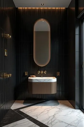 A sophisticated and modern indoor design with a monochromatic palette of deep blacks and whites. The walls are covered in sleek black tiles with a glossy finish, creating a dramatic contrast with the 