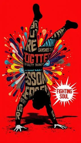 A striking and dynamic piece of street art featuring a silhouette of a powerful breakerdancer in the iconic headspin pose. The dancer is adorned with wildstyle old-school graffiti replicating the text