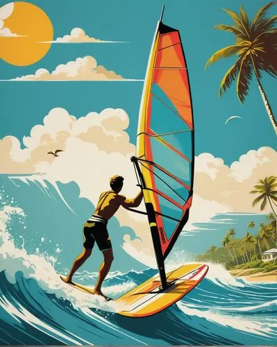 A dynamic retro poster capturing the exhilaration of windsurfing on a tropical paradise. Against a backdrop of azure waters and clear blue skies, a skilled windsurfer catches a perfect wave, their sai