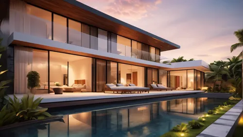 Design cottage architecture with sleek lines, minimalist interiors, and lightweight innovative materials. Craft a contemporary horizontal tropical atmosphere for a sophisticated and urban space. Detai