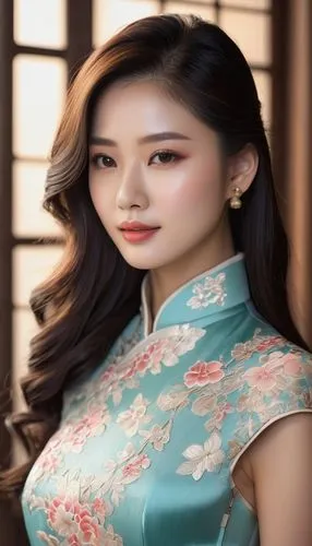 一个女孩
典雅古韵，长发飘逸，温柔笑容

旗袍装束，曼妙身姿，东方韵味

清新脱俗，淡雅妆容，秀外慧中

自然光下，肌肤如雪，柔和光影,an oriental woman in blue and pink dress,cheongsam,hanbok,jingqian,yifei,qipao,yangmei,Photography,General,Natural
