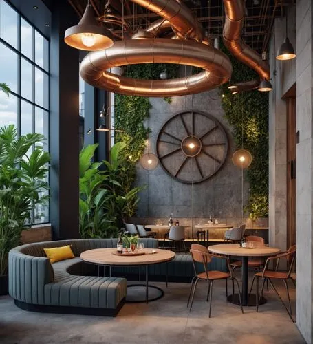 interior design,a restaurant is decorated in a contemporary manner with light fixtures,modern decor,contemporary decor,interior design,ufo interior,modern office,coffee wheel,Photography,General,Reali